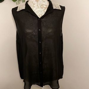 Forever 21 Sheer Blouse Black Button Up Sleeveless‎ Top Faux Pearl Collar